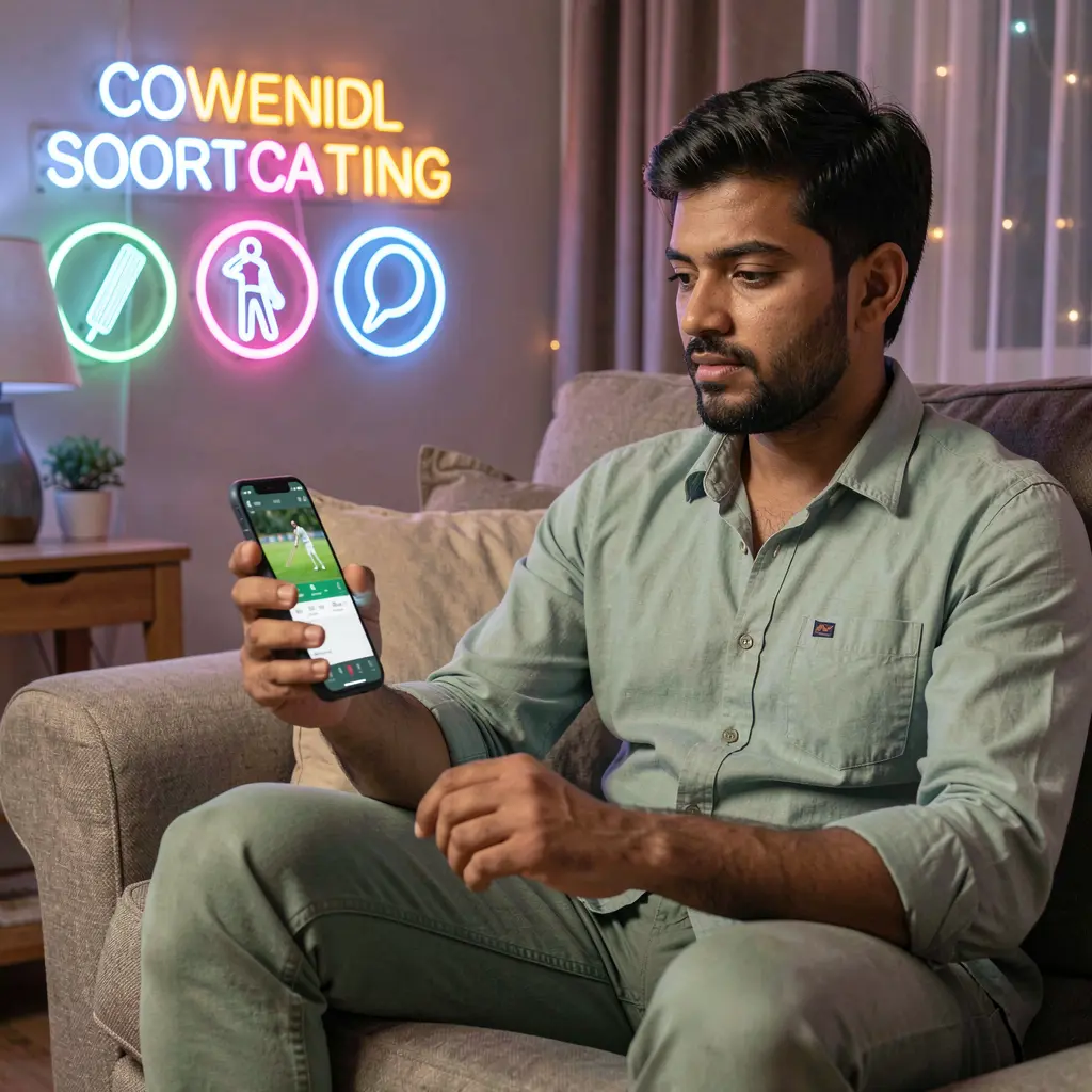 Bangladeshi man using the 28OK sports betting app on his phone with glowing cricket icons and neon lights behind him in a cozy living room