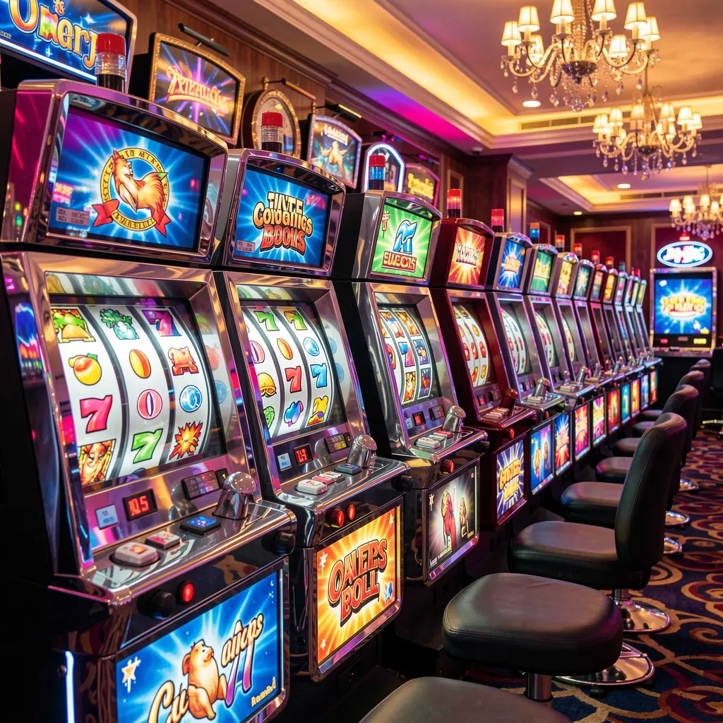 A vibrant row of modern slot machines with colorful reels and bright lights in a luxury casino setting, showcasing the immersive slot experience at 28OK for Bangladeshi players